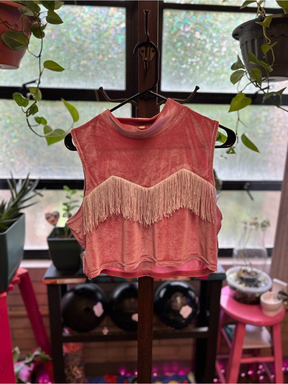 Fringe Crop Tank Top - Pink size large